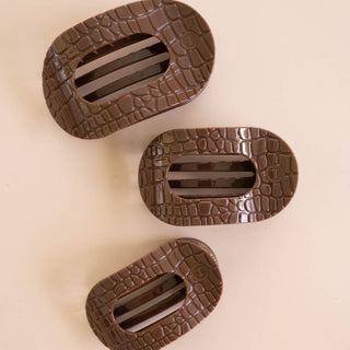 Crocodile Flat Round Medium Hair Clip in Brown