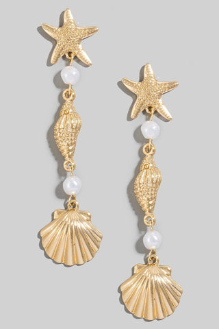 Starfish Pearl And Clam Shell Chain Dangle Earrings