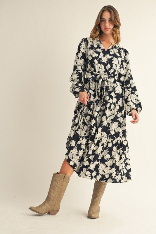 Fall Floral Midi Dress- Black Luna Boutique Fall Floral Midi Dress- Black Luna Boutique