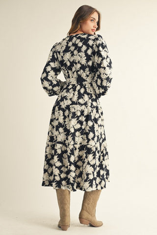 Fall Floral Midi Dress- Black