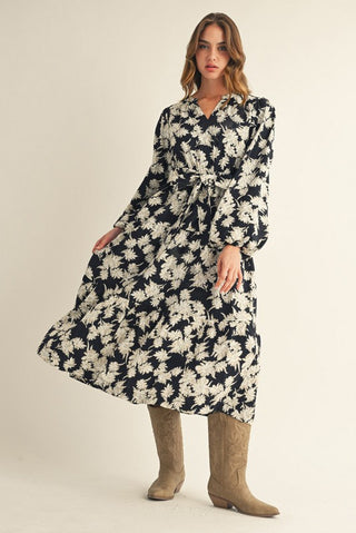 Fall Floral Midi Dress- Black