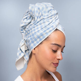 XL Hair Towel Wrap in Gingham Blue