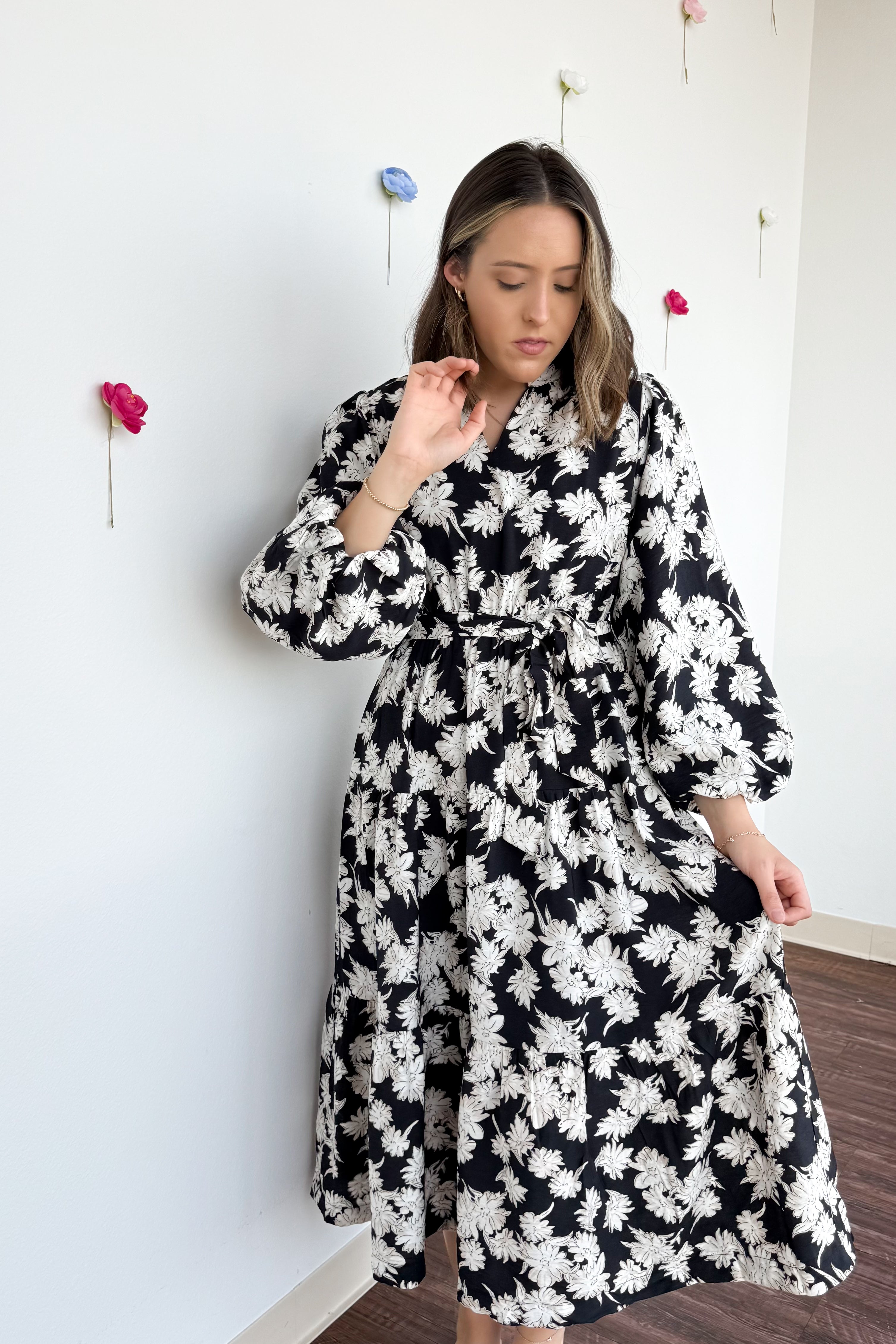 Fall Floral Midi Dress- Black Luna Boutique Fall Floral Midi Dress- Black Luna Boutique