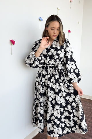 Fall Floral Midi Dress- Black