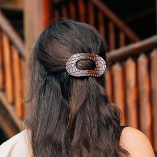 Crocodile Flat Round Medium Hair Clip in Brown