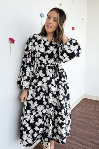 Fall Floral Midi Dress- Black
