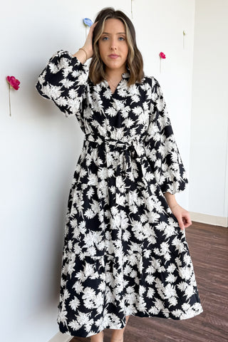 Fall Floral Midi Dress- Black