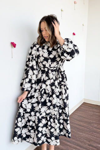 Fall Floral Midi Dress- Black