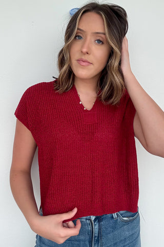 Split Neck Knit Pullover In Red