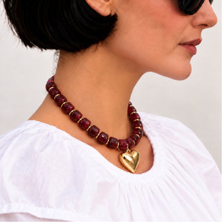 Beaded Heart Necklace in Burgundy