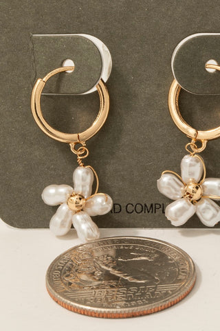 Pearl Beaded Flower Charm Hoop Earrings