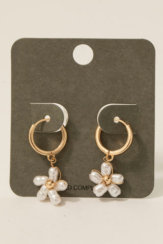 Pearl Beaded Flower Charm Hoop Earrings