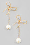 Pearl Dangle Bow Stud Earrings in Gold