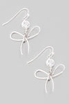 Disc Gem Ribbon Bow Dangle Earrings Silver