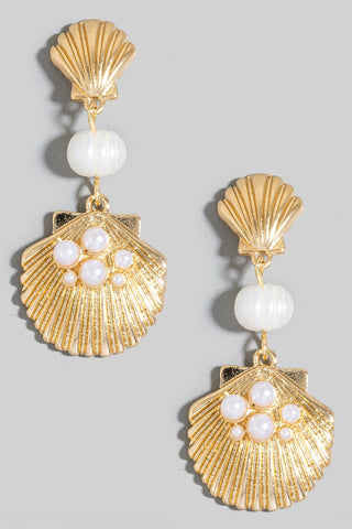 Pearl Bead And Studded Clam Linear Dangle Earrings
