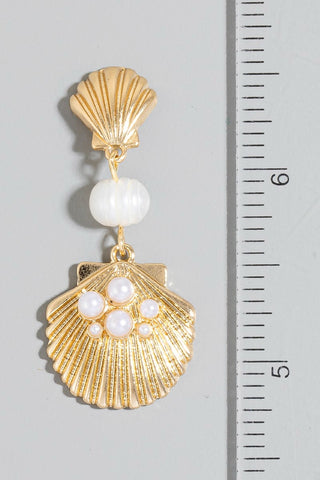 Pearl Bead And Studded Clam Linear Dangle Earrings