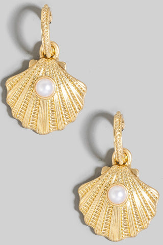 Pearl Stud Clam Charm Hoop Earrings