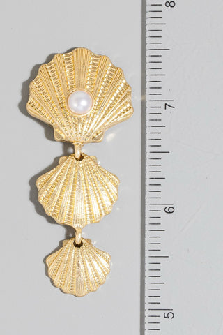 Pearl Stud Triple Clam Shell Dangle Earrings