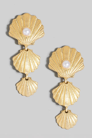 Pearl Stud Triple Clam Shell Dangle Earrings