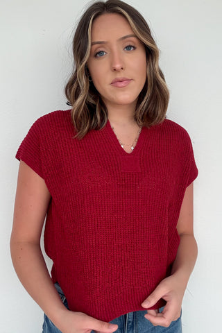 Split Neck Knit Pullover In Red
