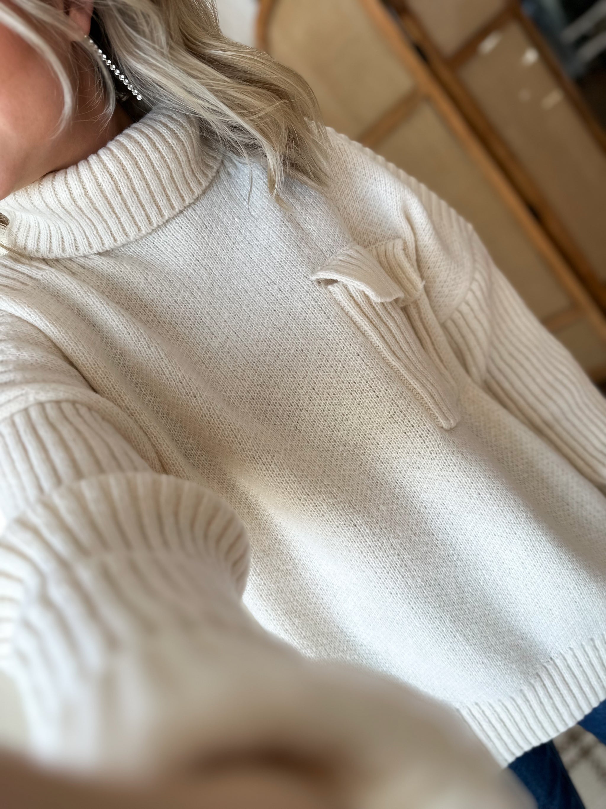 Oversized Rib Knit Mock Neck Drop Shoulder Long Sleeve Sweater