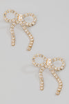 Rhinestone Studded Ribbon Bow Stud Earrings- Gold