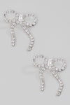 Rhinestone Studded Ribbon Bow Stud Earrings- Silver