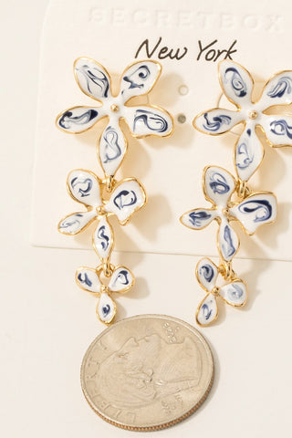 Blue Ceramic Flower Link Chain Dangle Earrings