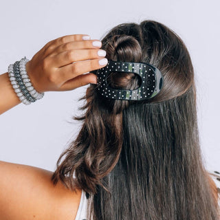 Flat Round Medium Hair Clip in Black Polka Dot