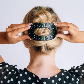 Flat Round Large Hair Clip in Black Polka Dot