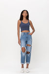 high rise cuff distressed mom jeans