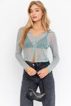 sage mesh collared long sleeve top
