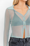 sage mesh collared long sleeve top