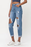 high rise cuff distressed mom jeans