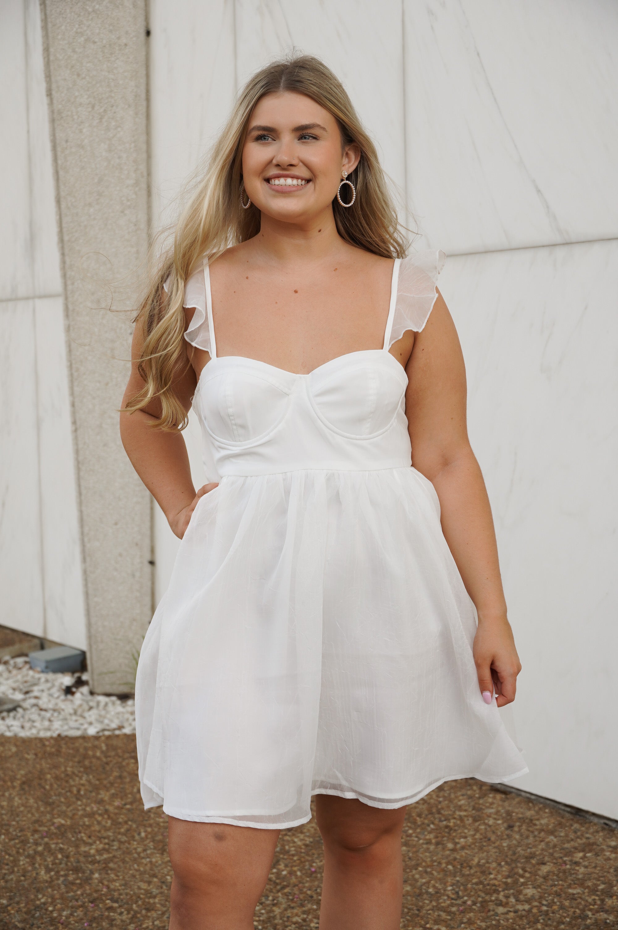 White ruffle strap clearance dress