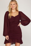 wine long sleeve woven ruched dress