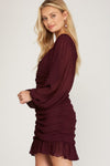 wine long sleeve woven ruched dress