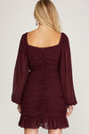 wine long sleeve woven ruched dress